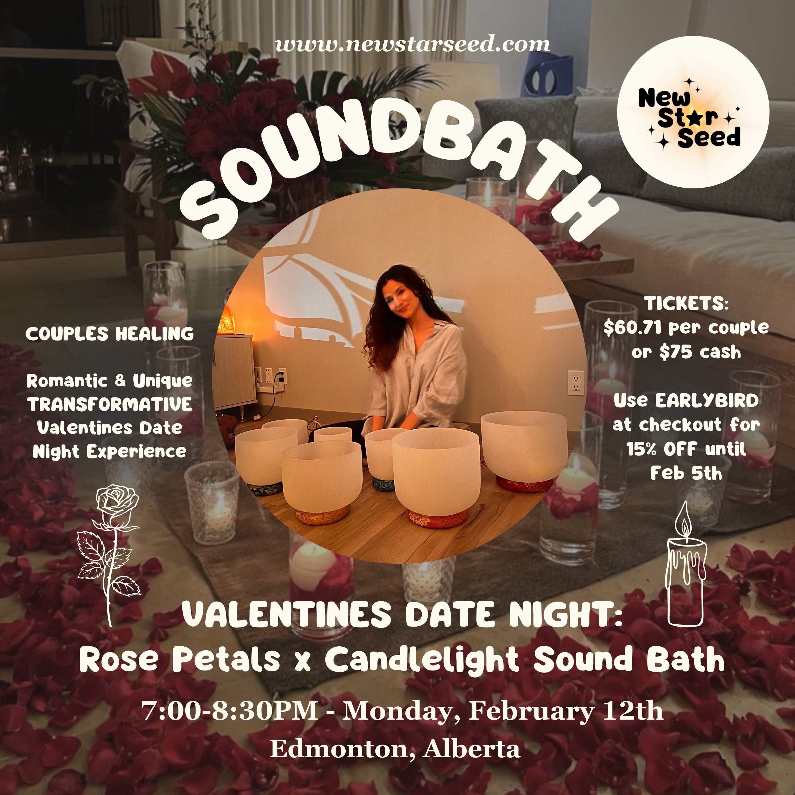 Valentine’s Date Night: 
Rose Petals x Candlelight Sound Bath Evening - February 12, 2024